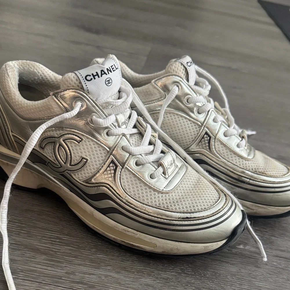 CHANEL White and Silver Mesh Logo Sneakers